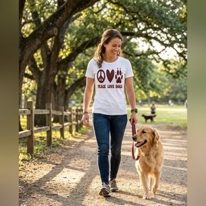 Handmade Peace Love Dogs Graphic Tee White Burgundy Dog Mom T-Shirt Unisex Large